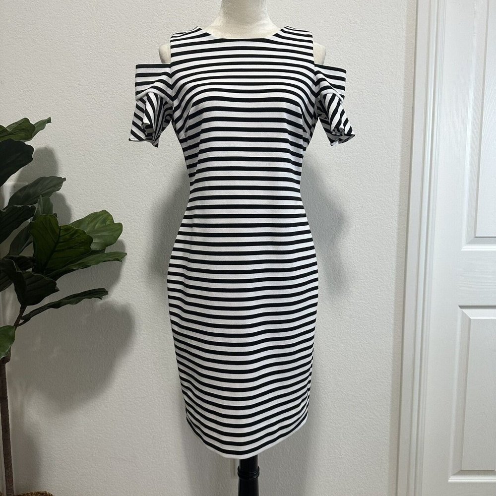 Calvin Klein Women's Stripe Cold Shoulder Sheath Dress Size 10 Black White EUC